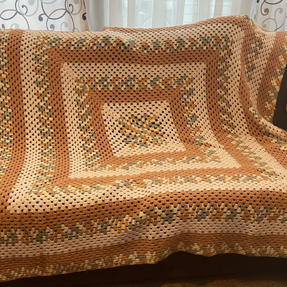 Vintage Handmade Crochet Afghan Throw Blanket Ivory Brown Green 69 In X 72 In
